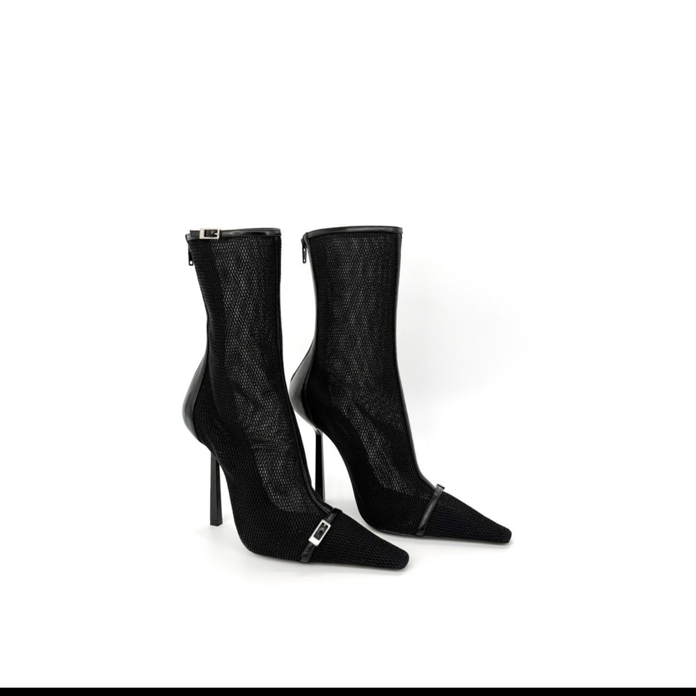 NIB Saint Laurent Oxalis Mesh Bootie EU 37.5 Pointed Ankle Boots Black $1,495